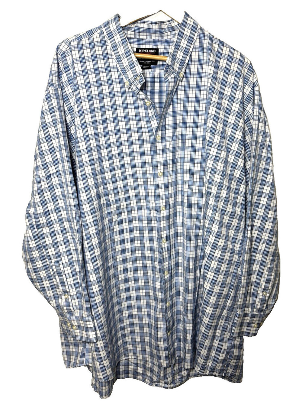 Kirkland Signature Traditional Fit Non-Iron Blue Plaid Button-Down Shirt 20-34/3
